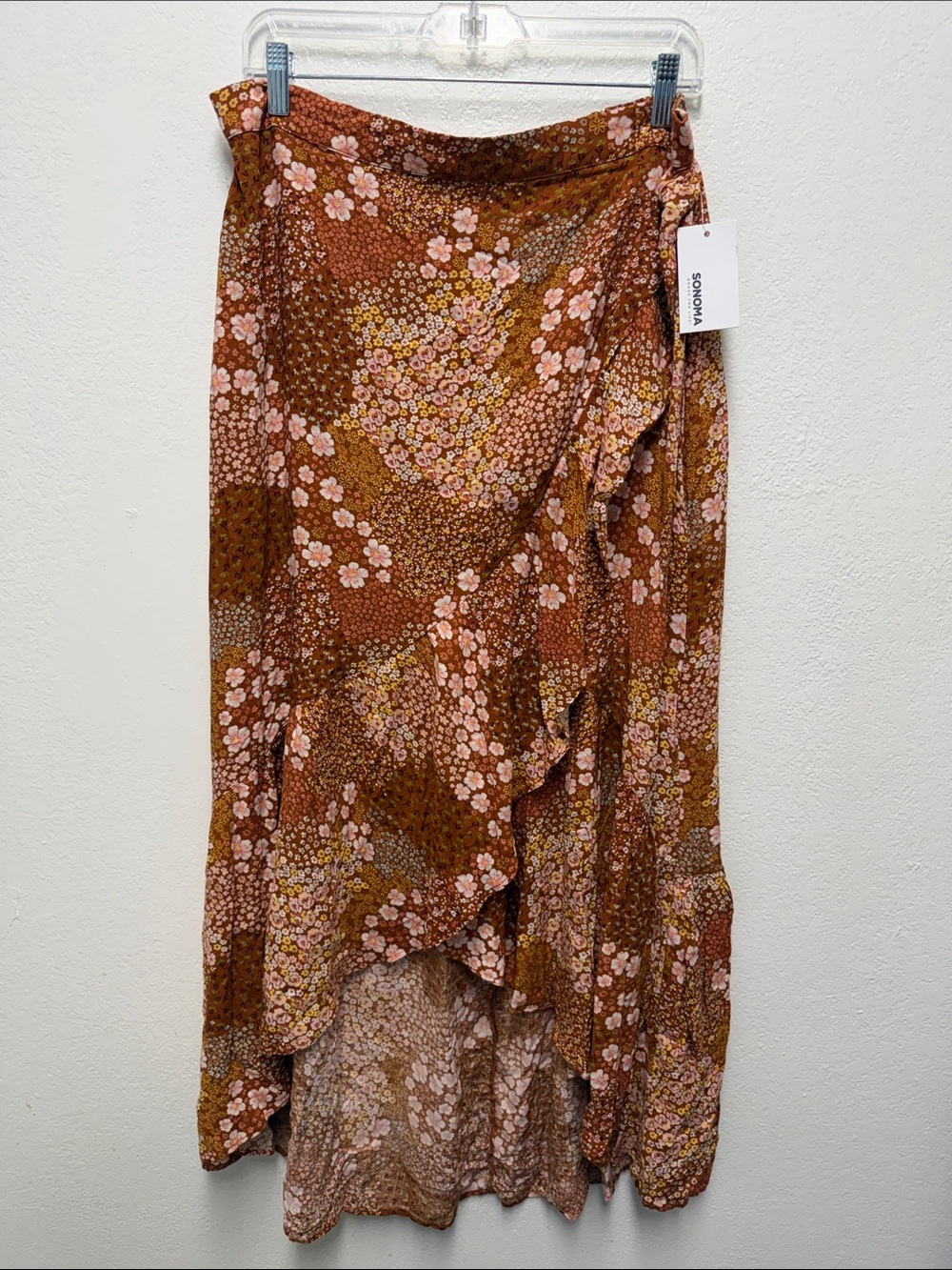 Sonoma Rust and Pink Floral Ruffle High-Low Wrap Skirt